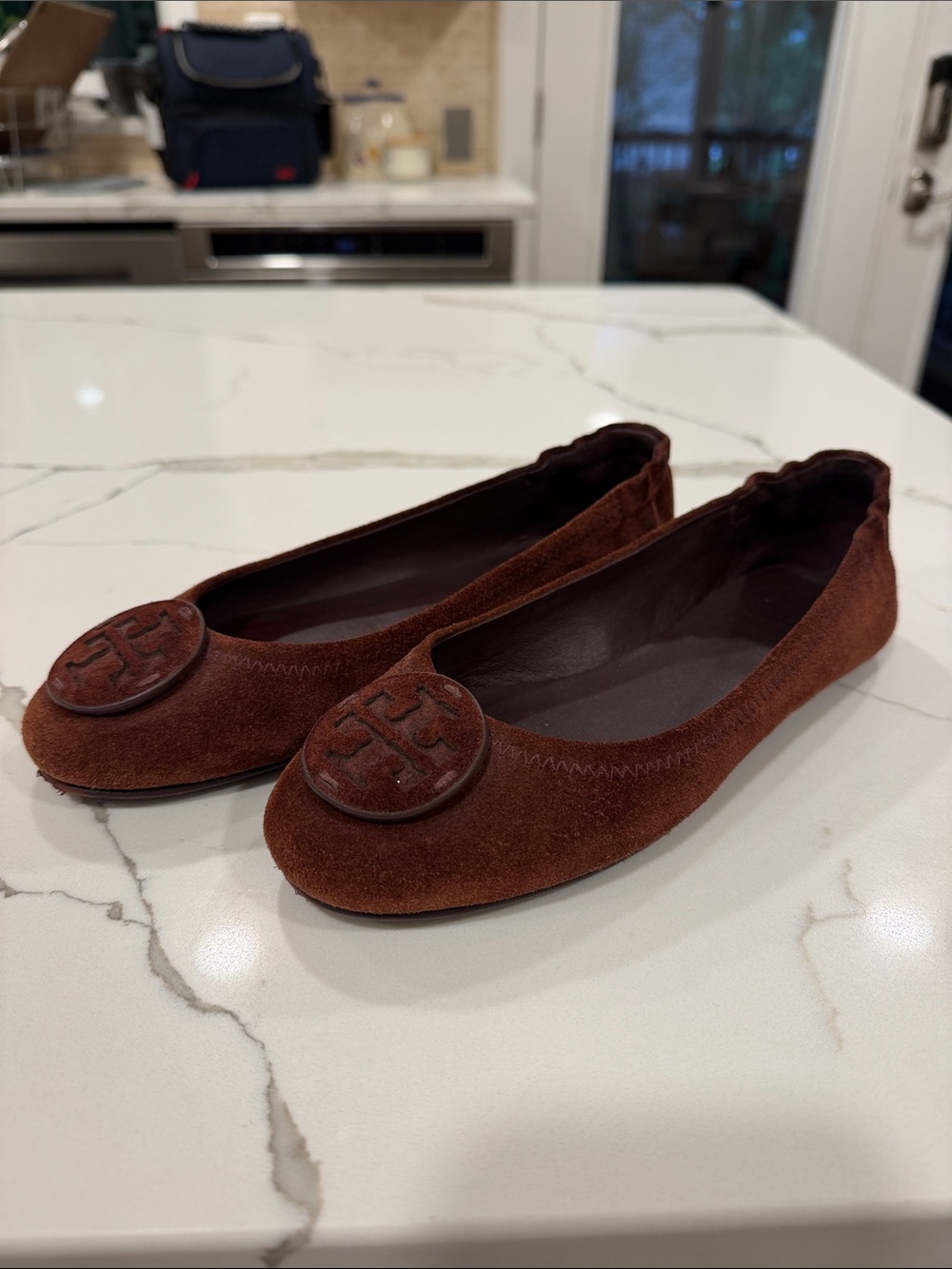 Tory Burch Chestnut Brown Suede Logo Ballet Flats